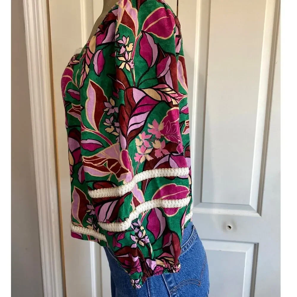 Cynthia Rowley 100% Linen Floral Blouse M Square Neck Crochet Trim Green Pink